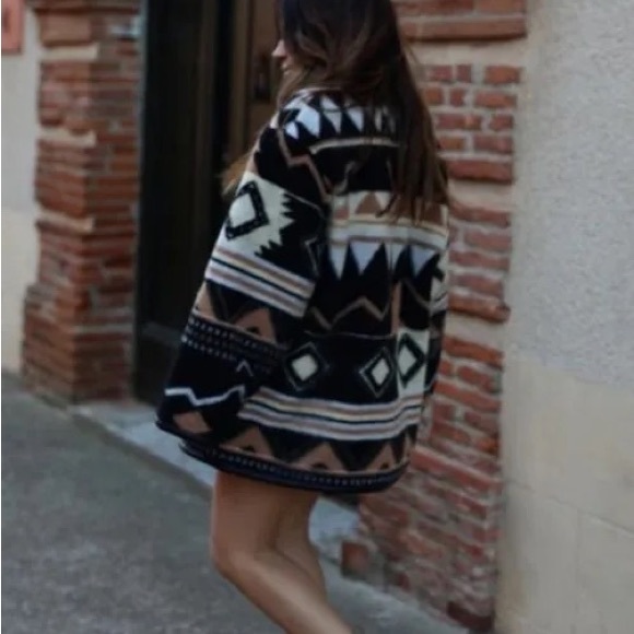 Aztec Black Pattern Geometric Tribal Bohemian Button Lined Jacket Coat Coat - Picture 5 of 9